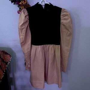 SHEIN | 2 tone 2 material black•tan puff sleeve mini dress. Size 6. NwoT